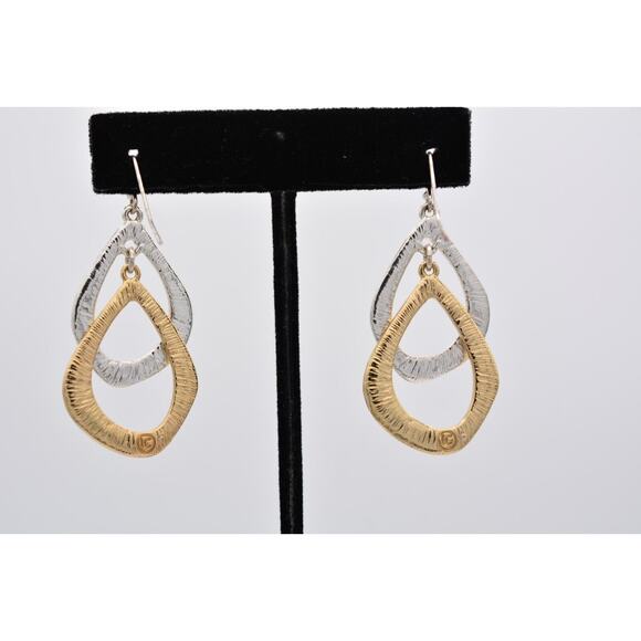 Liz Claiborne Vintage Dangle Earrings Silver Gold Tone Pebbled Shiny 1990s BinU - Picture 10 of 12